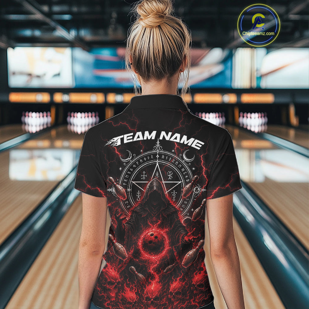 Custom Red Lightning Halloween Grim Reaper Bowling Women Shirt, Dark Magic Outfit IPHW11880