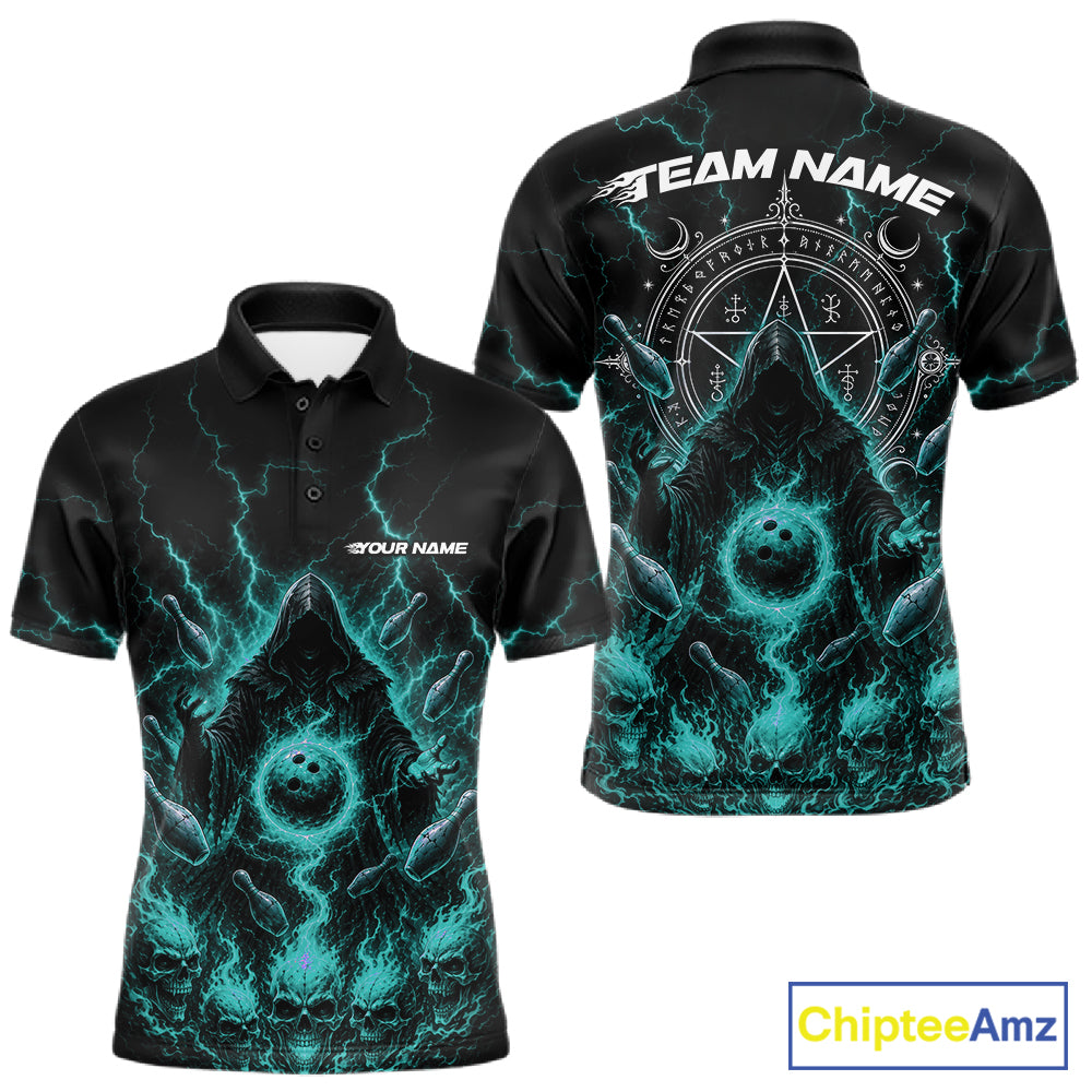 Front and back views of a black short-sleeve polo shirt with a glowing teal and white occult-themed graphic print, including lightning effects, a pentagram symbol, and customizable text placeholders. A ChipteeAmz logo is visible in the bottom right corner.