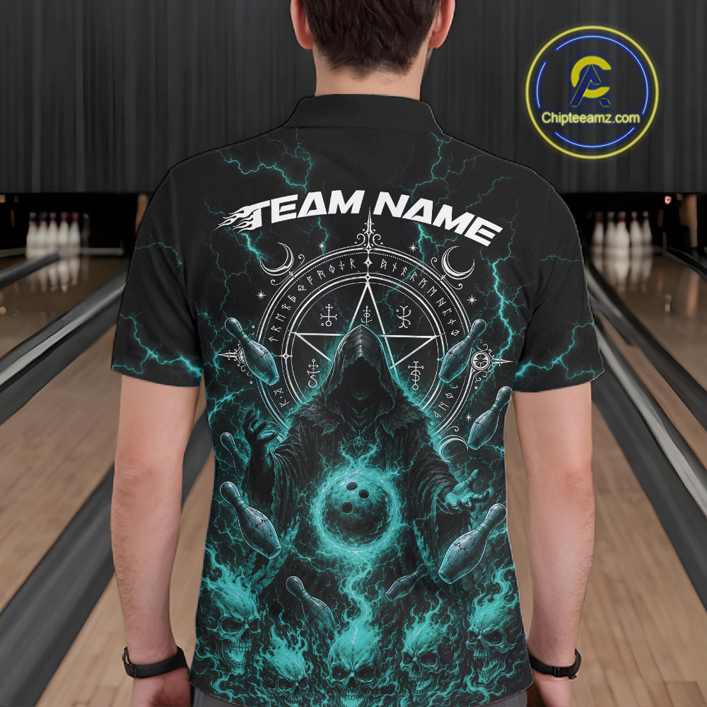 A man viewed from behind wearing a black short-sleeve bowling-themed polo shirt with a large graphic print of a bowling ball, flame, and a pentagram. The background shows bowling lanes.