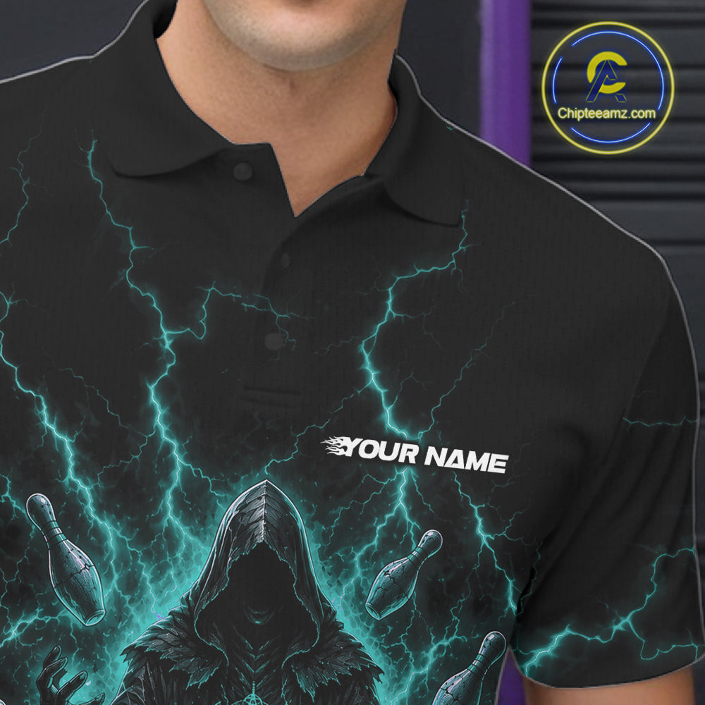 A close-up of a person wearing a black short-sleeve polo shirt with a glowing teal lightning graphic, a hooded figure, bowling pins, and the text 'YOUR NAME' on the chest. 