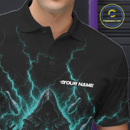 A close-up of a person wearing a black short-sleeve polo shirt with a glowing teal lightning graphic, a hooded figure, bowling pins, and the text 'YOUR NAME' on the chest. 