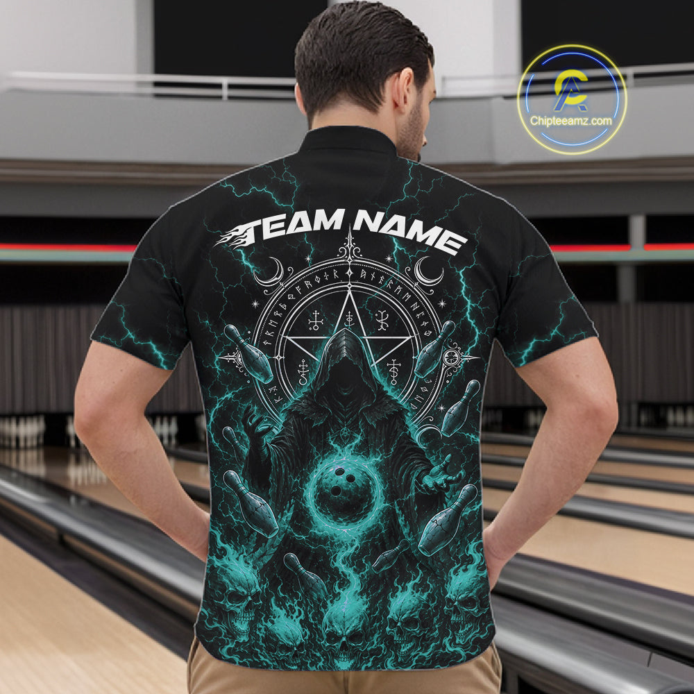Custom Blue Lightning Halloween Grim Reaper Bowling Men Quarter Zip Shirt, Dark Magic Outfit IPHW11881