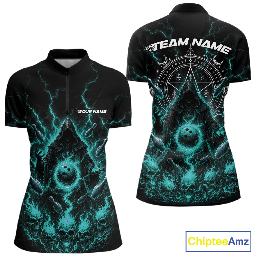Front and back views of a women's short-sleeve quarter zip bowling shirt in black, featuring a glowing teal and white cosmic/occult design with skulls, lightning, and a pentagram. Includes customizable text placeholders 'YOUR NAME' and 'TEAM NAME'.