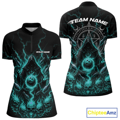 Front and back views of a women's short-sleeve quarter zip bowling shirt in black, featuring a glowing teal and white cosmic/occult design with skulls, lightning, and a pentagram. Includes customizable text placeholders 'YOUR NAME' and 'TEAM NAME'.
