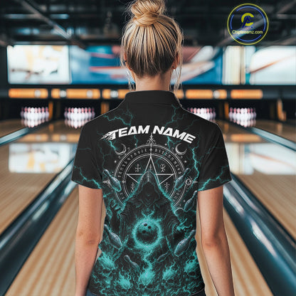 A woman viewed from behind wearing a black short-sleeve bowling shirt with a glowing teal dark magic grim reaper halloween design and 'TEAM NAME' printed across the back, standing in a bowling alley.