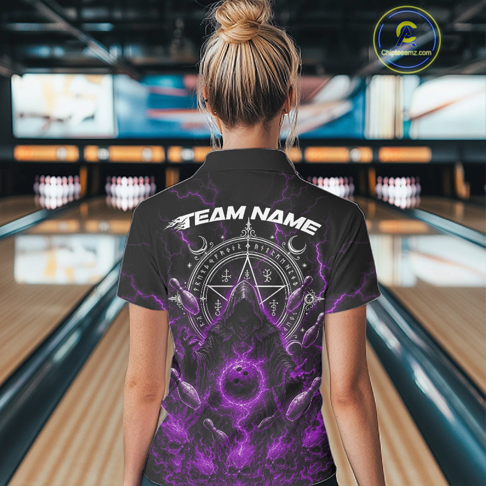 Custom Purple Lightning Halloween Grim Reaper Bowling Women Polo Shirt, Dark Magic Outfit IPHW11882