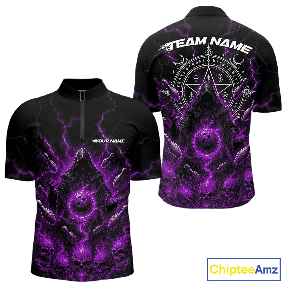 Front and back views of a black short-sleeve bowling jersey featuring a purple and white gothic fantasy graphic with lightning, skulls, and occult symbols. The front has a mock neck and a small 'YOUR NAME' print, while the back features a large circular pentagram design and 'TEAM NAME' text.
