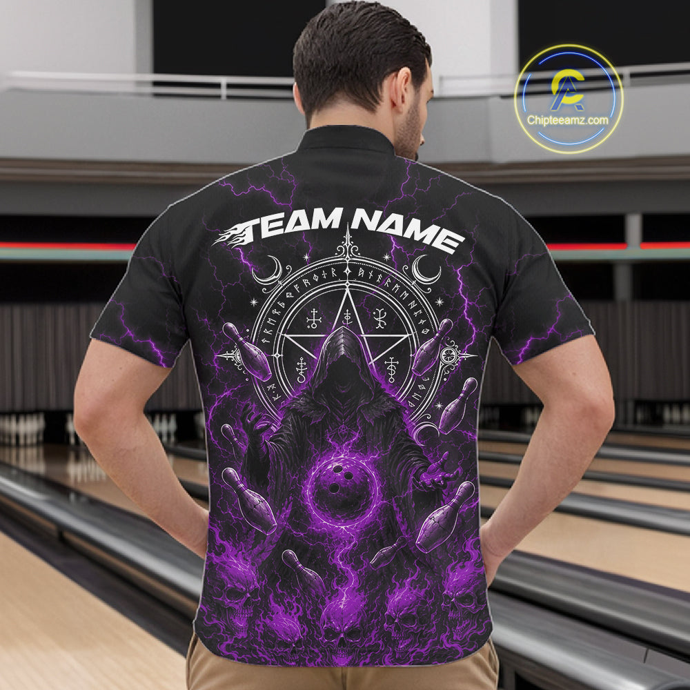A man viewed from behind wearing a black short sleeve quarter zip bowling shirt shown from front and back on a white background. The shirt features a dark occult-themed graphic with purple flame, skulls, dark magic circle, and bowling pins.