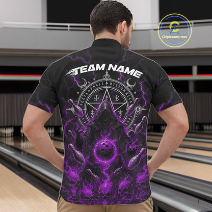 A man viewed from behind wearing a black short sleeve quarter zip bowling shirt shown from front and back on a white background. The shirt features a dark occult-themed graphic with purple flame, skulls, dark magic circle, and bowling pins.