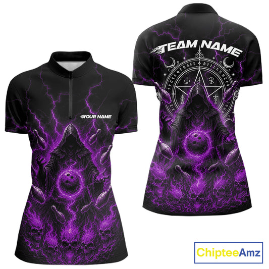 Custom Purple Lightning Halloween Grim Reaper Bowling Women Shirt, Dark Magic Outfit IPHW11882