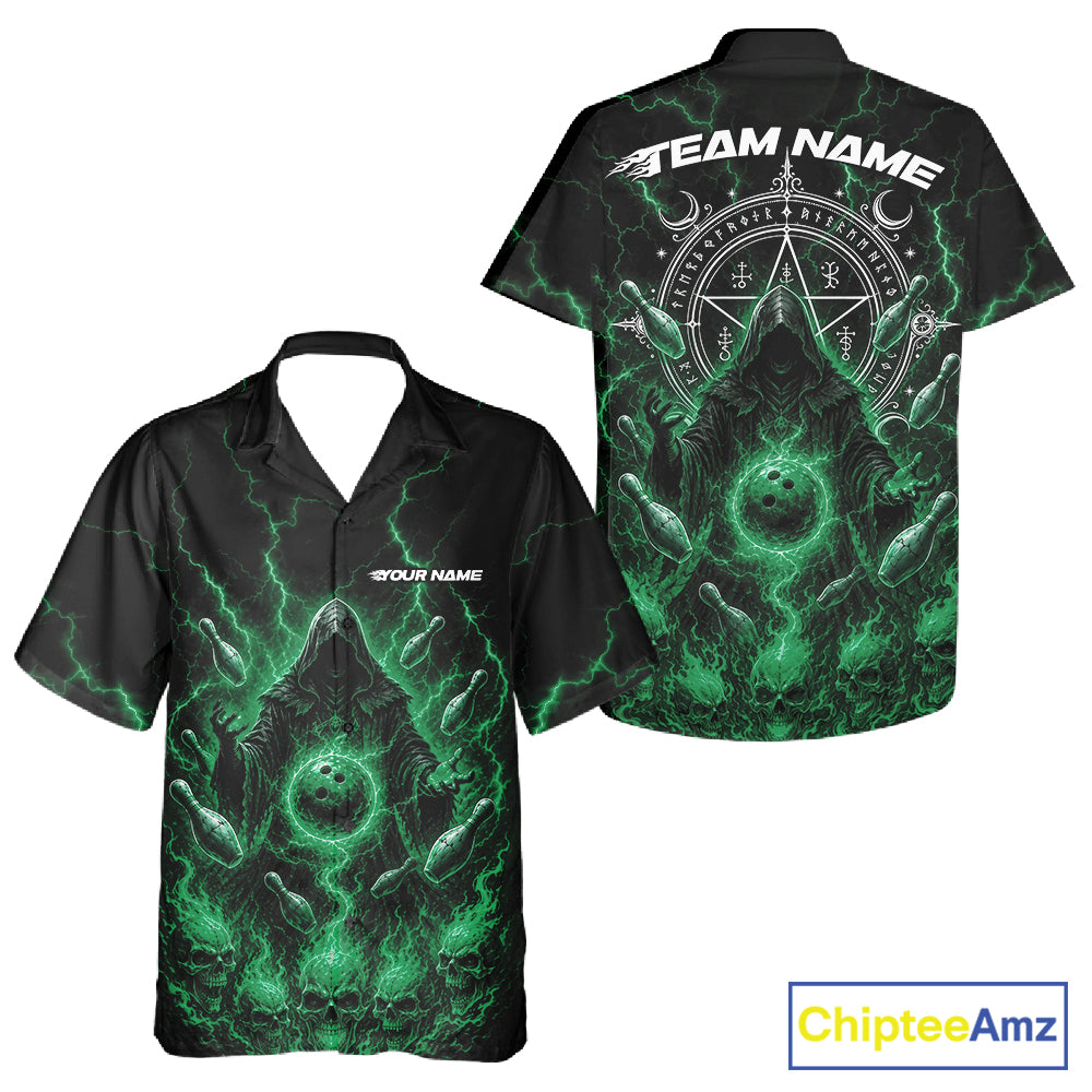 Custom Green Lightning Halloween Grim Reaper Bowling Men And Women Button Up Shirt, Dark Magic Outfit IPHW11883