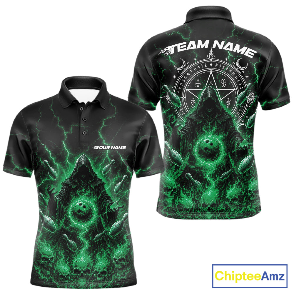 Black short-sleeve polo shirt shown from the front and back, featuring a glowing green and white occult-themed graphic with lightning effects, a pentagram symbol, and customizable text placeholders.