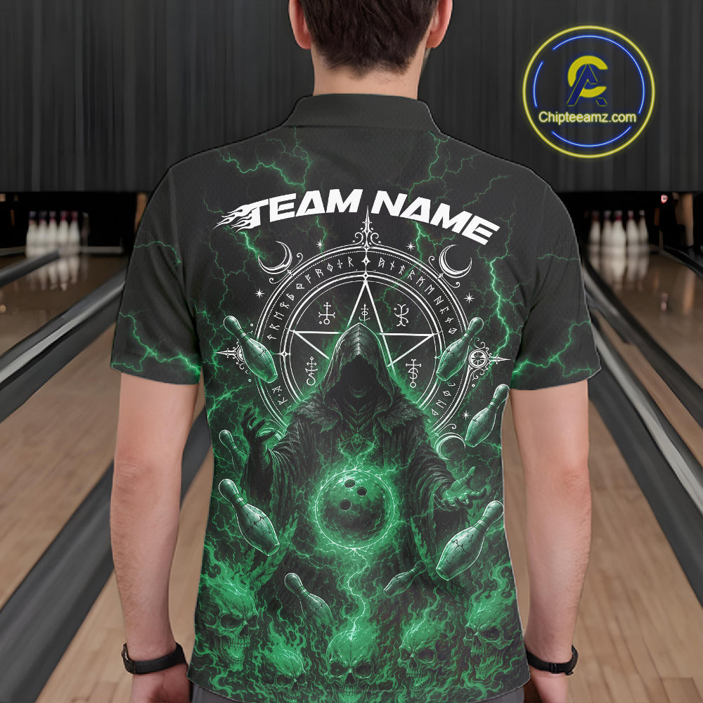 A man viewed from behind wearing a black short-sleeve bowling shirt with a large green and white occult-style graphic and the text 'TEAM NAME' across the upper back. 