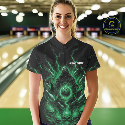 Custom Green Lightning Halloween Grim Reaper Bowling Women Shirt, Dark Magic Outfit IPHW11883