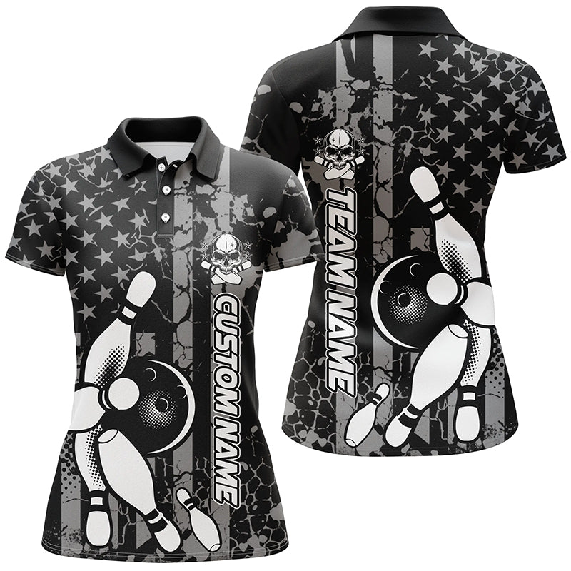 American Flag Black And White Custom Womens Bowling Shirts, Bowling Team Jerseys IPHW5211