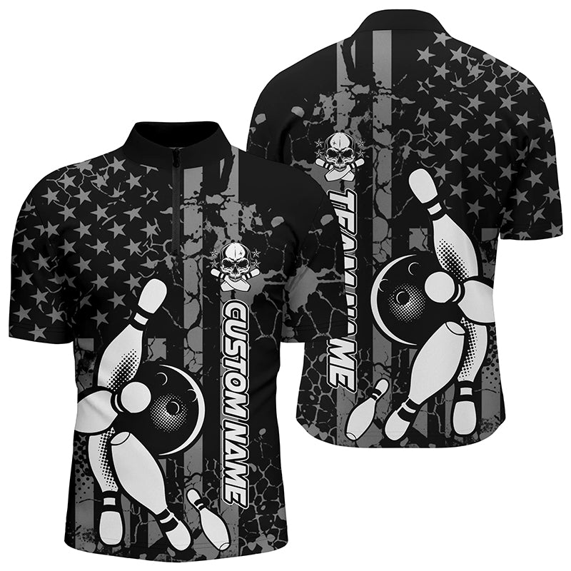 American Flag Black And White Custom Bowling Polo Shirts For Men, Patriotic Bowling Team Jerseys IPHW5211