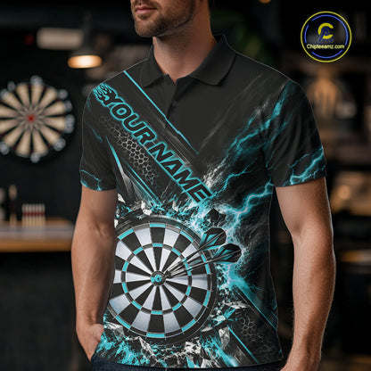 Custom Teal Blue Lightning Dart Impact Dart Tournament Men Polo Shirt, Dart Jersey IPHW12565