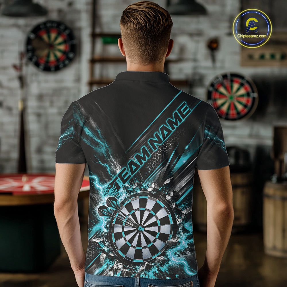 Custom Teal Blue Lightning Dart Impact Dart Tournament Men Polo Shirt, Dart Jersey IPHW12565