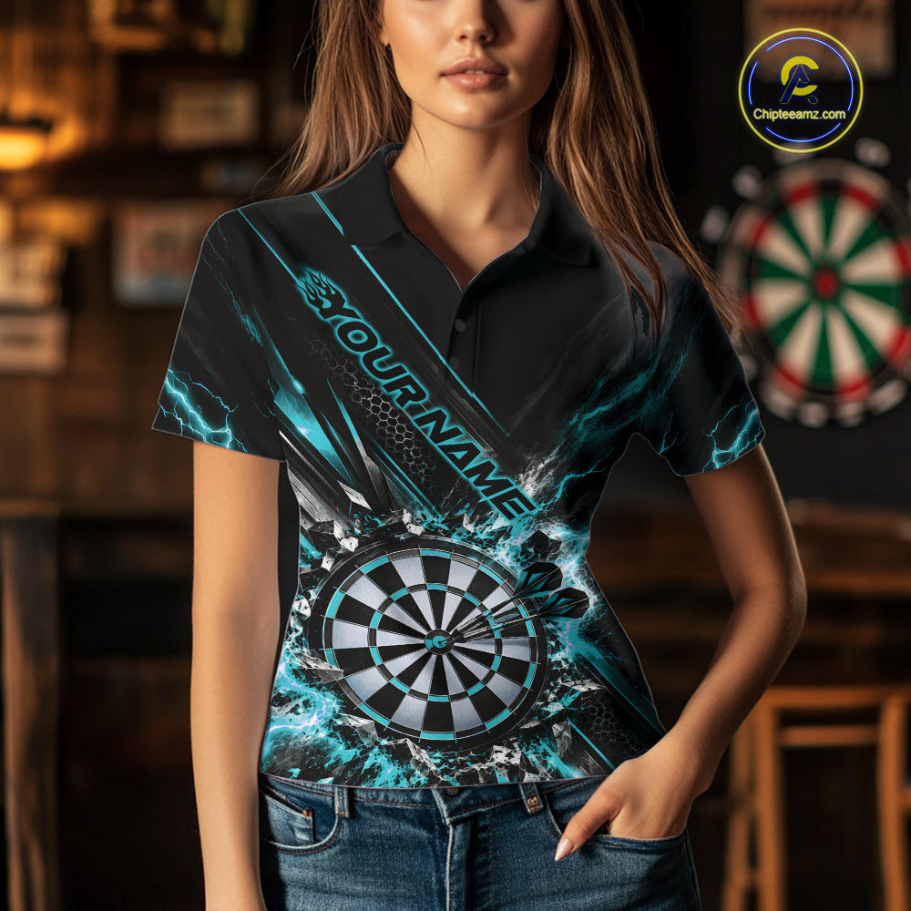 Custom Teal Blue Lightning Dart Impact Dart Tournament Women Polo Shirt, Dart Jersey IPHW12565