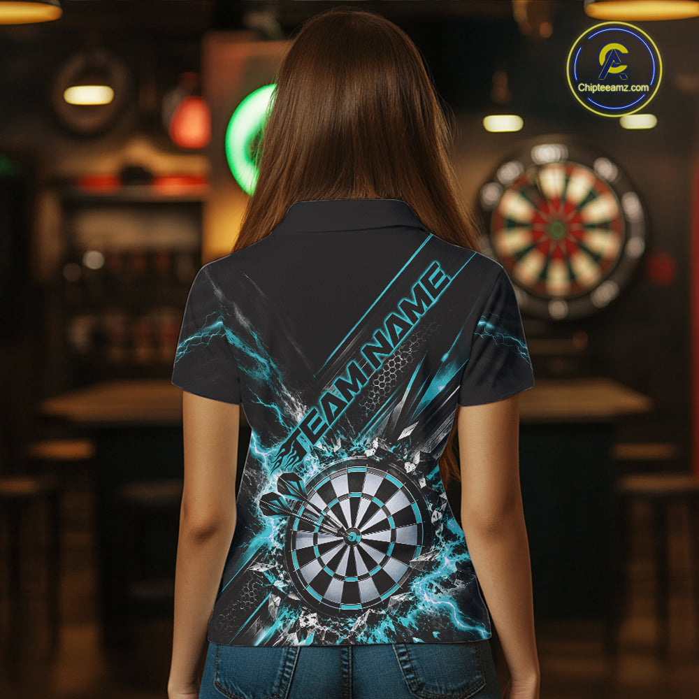 Custom Teal Blue Lightning Dart Impact Dart Tournament Women Polo Shirt, Dart Jersey IPHW12565