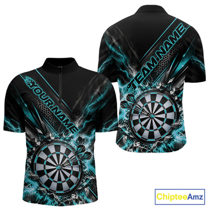 Custom Teal Blue Lightning Dart Impact Dart Tournament Men Quarter Zip Shirt, Dart Jersey IPHW12565