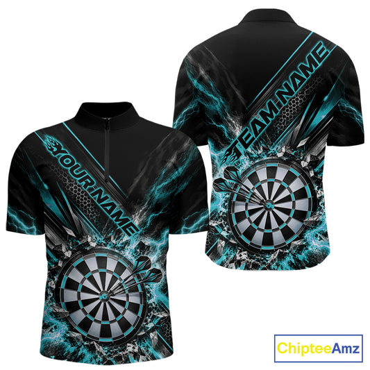 Custom Teal Blue Lightning Dart Impact Dart Tournament Men Quarter Zip Shirt, Dart Jersey IPHW12565
