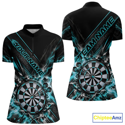 Custom Teal Blue Lightning Dart Impact Dart Tournament Women Quarter-Zip Shirt IPHW12565