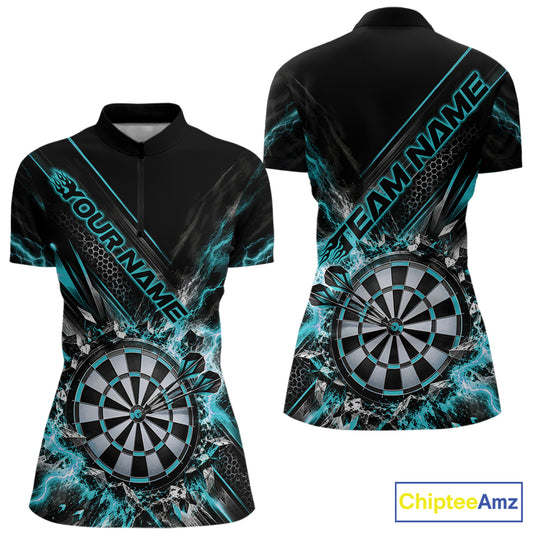 Custom Teal Blue Lightning Dart Impact Dart Tournament Women Quarter-Zip Shirt IPHW12565