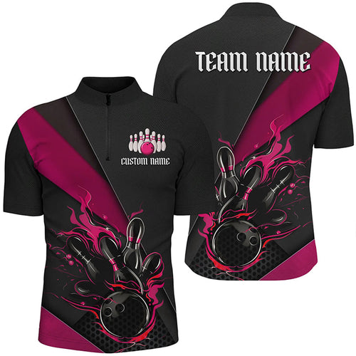 Black And Red Custom Flame Bowling Tournament Jerseys For Men, Bowling Team Shirts Bowler Outfit IPHW7924