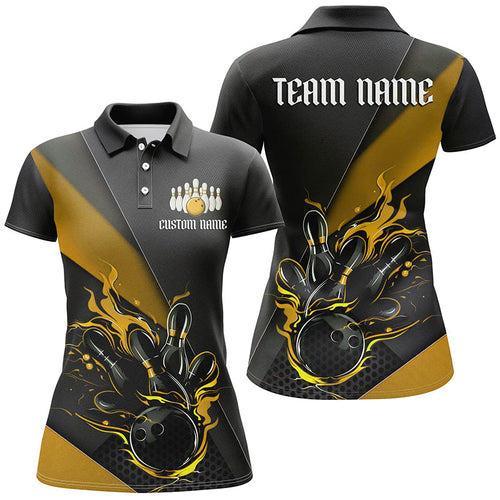 Black And Yellow Custom Flame Bowling Tournament Jerseys For Women, Bowling Team Shirts IPHW7925