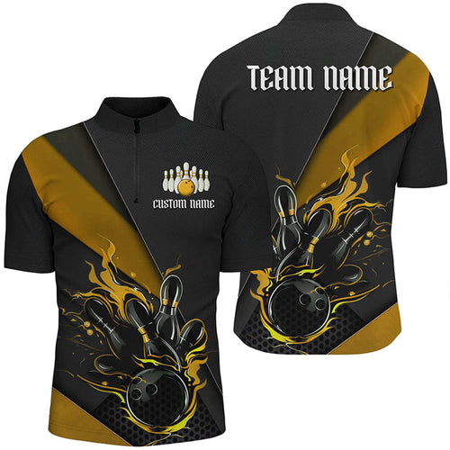 Black And Yellow Custom Flame Bowling Tournament Jerseys For Men, Bowling Team Shirts IPHW7925