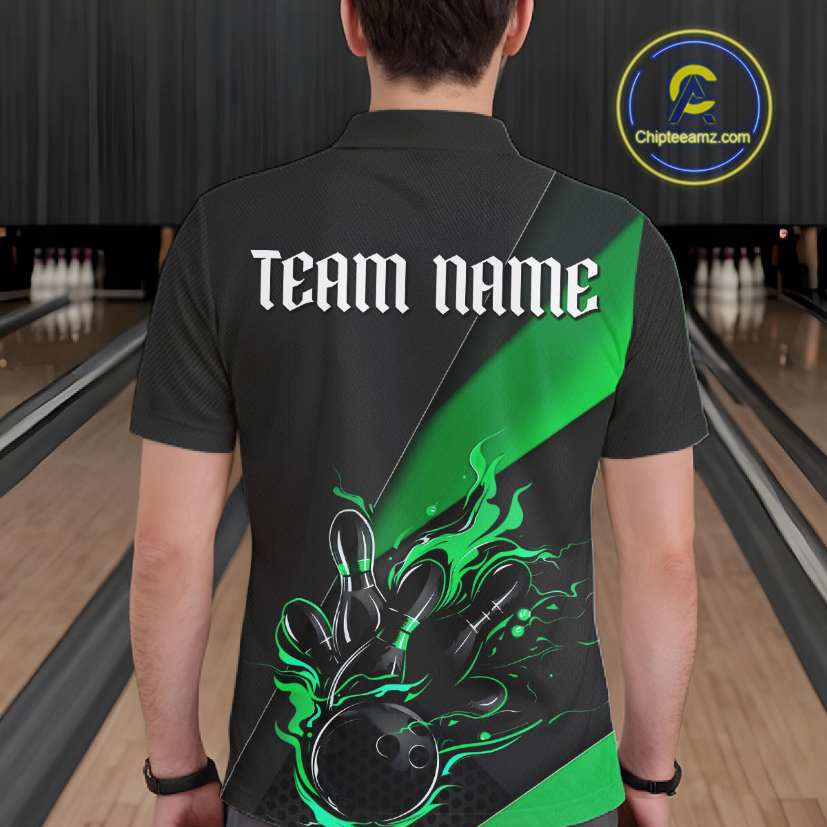 Black And Green Custom Flame Bowling Tournament Jerseys For Men, Bowling Team Shirts IPHW7926