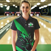 Load image into Gallery viewer, Black And Green Custom Flame Bowling Tournament Jerseys For Women, Bowling Team Shirts IPHW7926