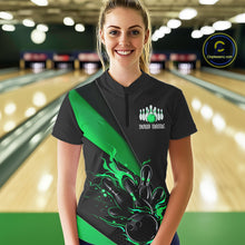 Load image into Gallery viewer, Black And Green Custom Flame Bowling Tournament Jerseys For Women, Bowling Team Shirts IPHW7926