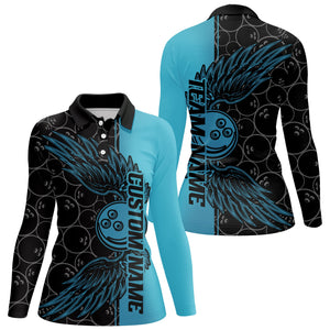 Black And Teal Blue Custom Bowling Ball And Wings Bowling Shirts For Women, Bowling Team Uniform IPHW7929