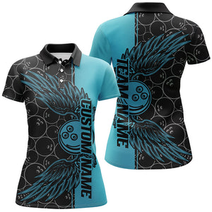 Black And Teal Blue Custom Bowling Ball And Wings Bowling Shirts For Women, Bowling Team Uniform IPHW7929