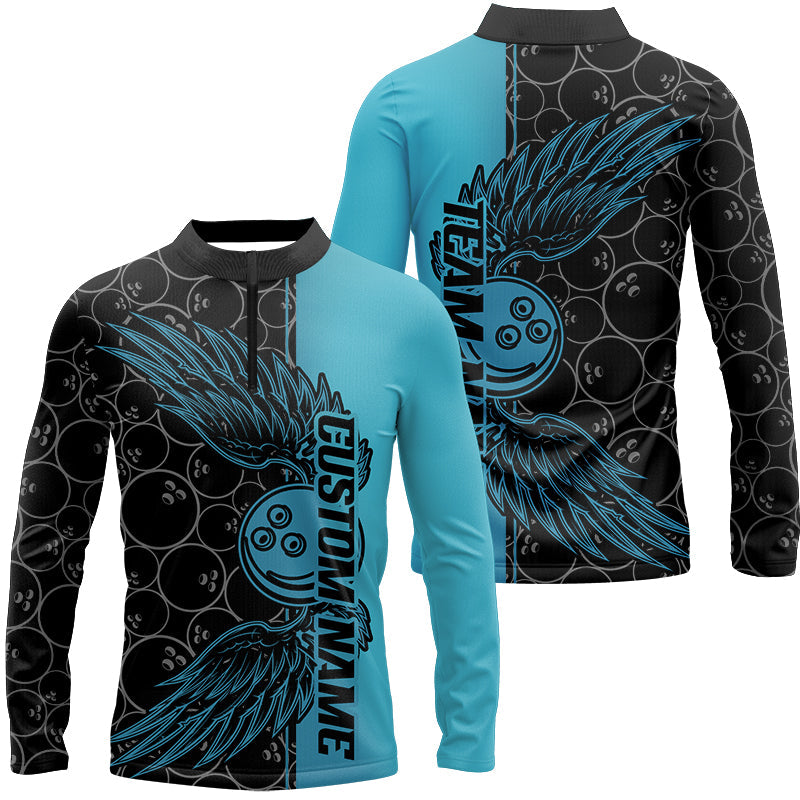 Black And Teal Blue Custom Bowling Ball And Wings Bowling Shirts For Men, Bowling Team Uniform IPHW7929