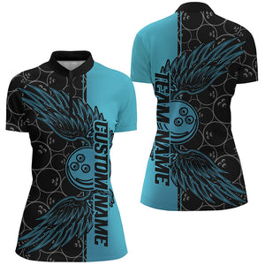 Black And Teal Blue Custom Bowling Ball And Wings Bowling Shirts For Women, Bowling Team Uniform IPHW7929