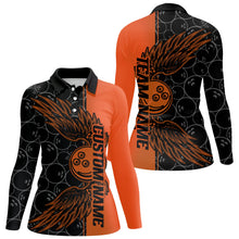 Load image into Gallery viewer, Black And Orange Custom Bowling Ball And Wings Ladies Bowling Shirts, Bowling Team Uniform IPHW7930