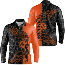 Load image into Gallery viewer, Black And Orange Custom Bowling Ball And Wings Bowling Shirts For Men, Bowling Team Uniform IPHW7930