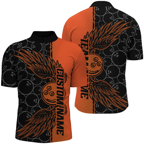 Black And Orange Custom Bowling Ball And Wings Bowling Shirts For Men, Bowling Team Uniform IPHW7930