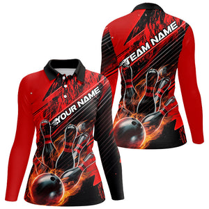 Black And Red Custom Flame Bowling Shirts For Women, Fire Bowling Team Shirt Bowler Outfit IPHW7939