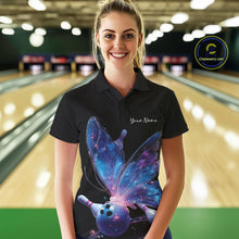 Load image into Gallery viewer, Custom Blue Galaxy Butterfly Bowling Women Polo Shirts, Ladies Bowling Team Outfit IPHW10241