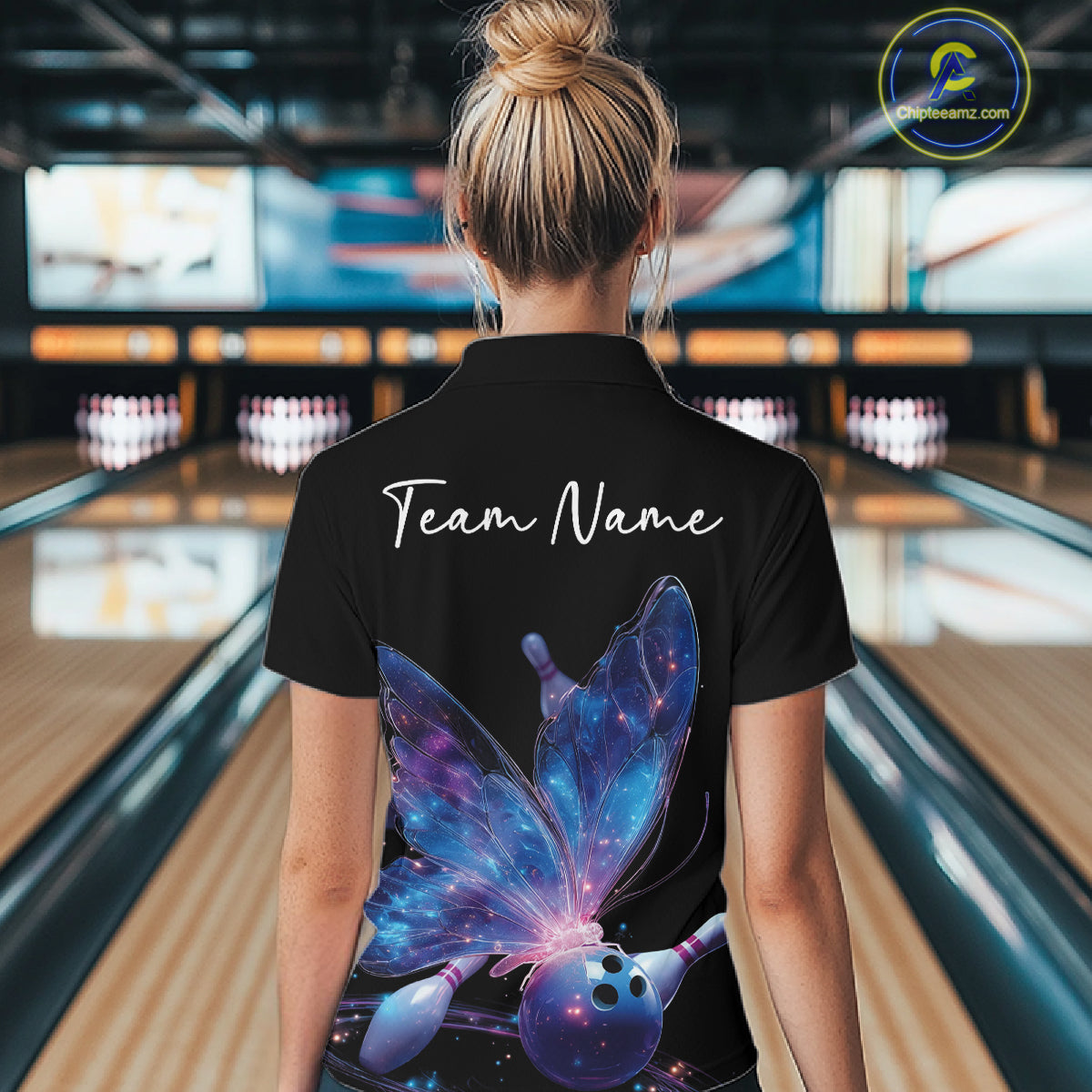 Custom Blue Galaxy Butterfly Bowling Women Quarter-Zip Shirts, Ladies Bowling Outfit IPHW10241