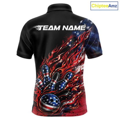 Custom Patriotic Flame Bowling Shirts, American US Flag Bowling Team Jerseys Freedom 4Th Of July Bowling Shirt IPHW10432
