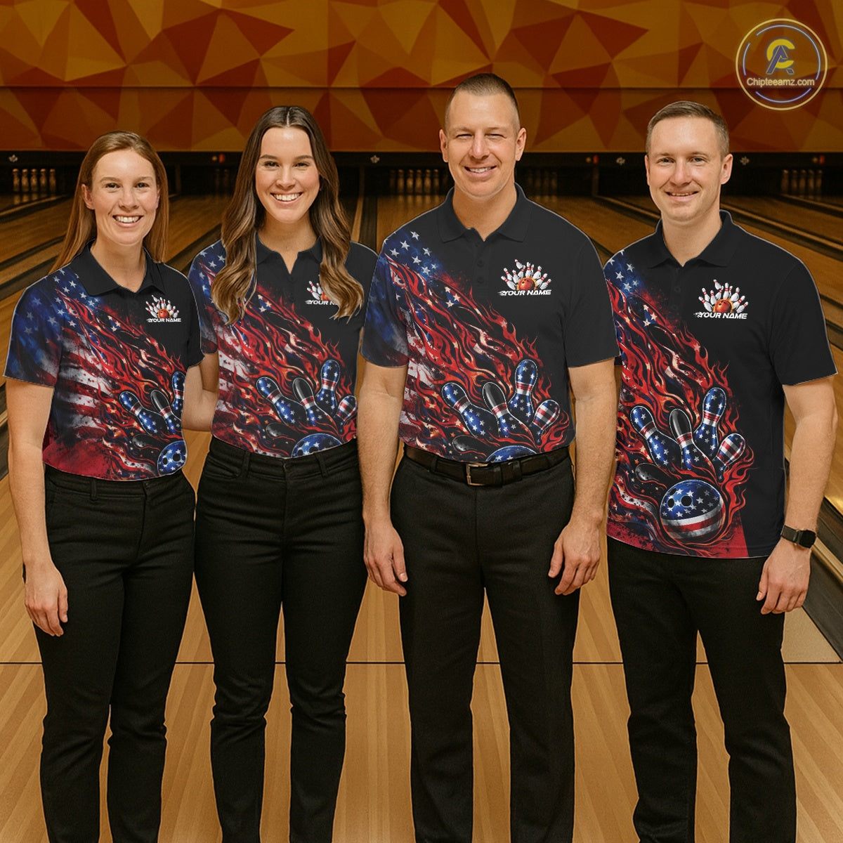 Custom Patriotic Flame Bowling Shirts, American US Flag Bowling Team Jerseys Freedom 4Th Of July Bowling Shirt IPHW10432