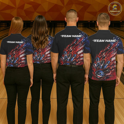 Custom Patriotic Flame Bowling Shirts, American US Flag Bowling Team Jerseys Freedom 4Th Of July Bowling Shirt IPHW10432