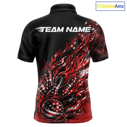 Custom Patriotic Red Flame Bowling Shirts, US Flag Bowling Team Jerseys Freedom 4Th Of July Bowling Shirt IPHW10433