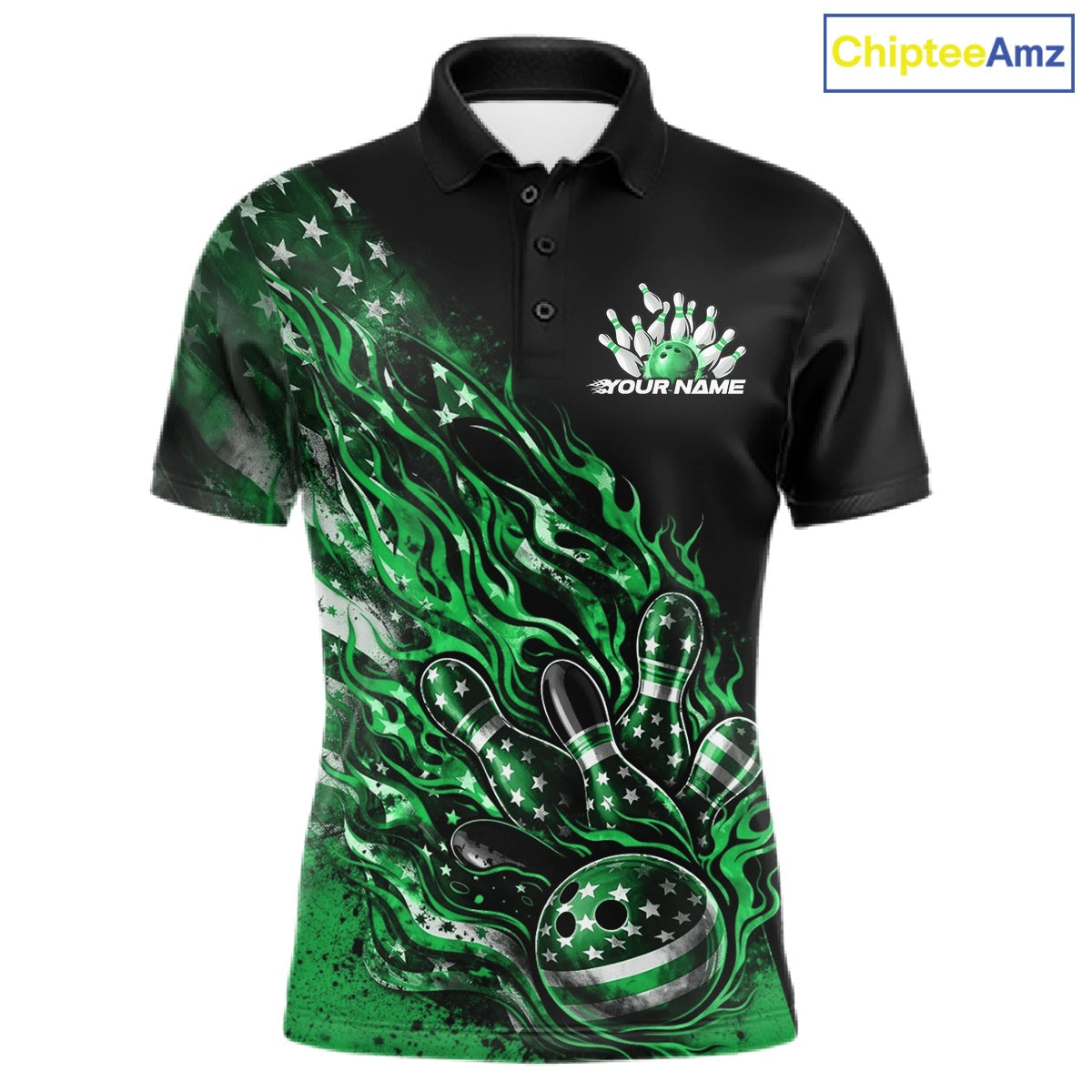 Custom Patriotic Green Flame Bowling Shirts, US Flag Bowling Team Jerseys Freedom 4Th Of July Bowling Shirt IPHW10435