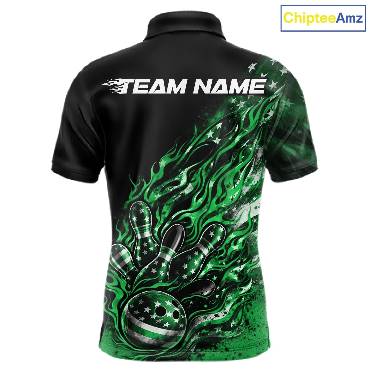 Custom Patriotic Green Flame Bowling Shirts, US Flag Bowling Team Jerseys Freedom 4Th Of July Bowling Shirt IPHW10435